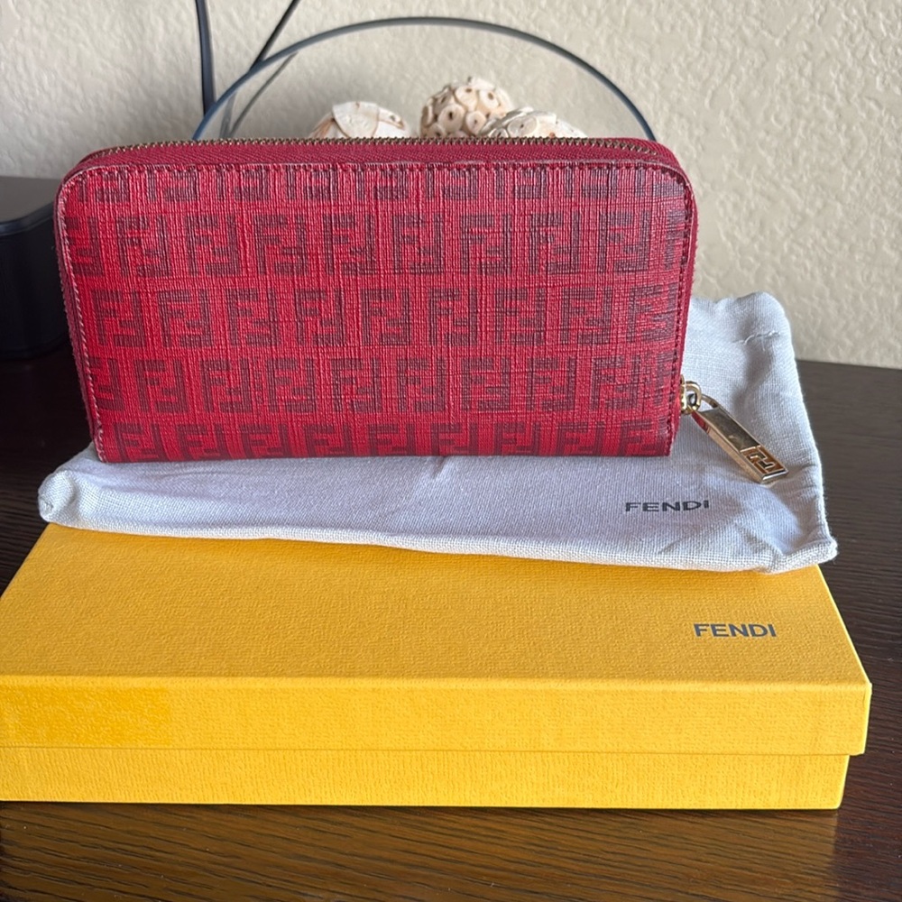 Fendi Red Zipper Wallet with Box & Dust Bag